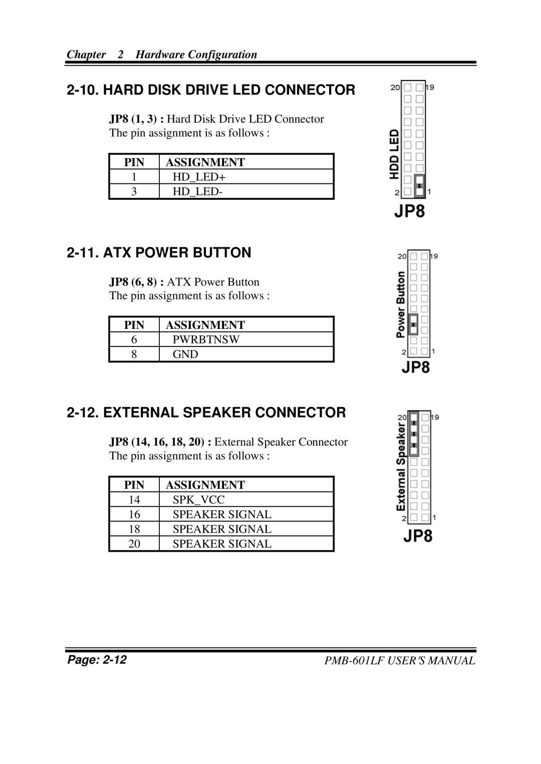 Intel PMB-601LF Hard Disk Drive LED Connector, ATX Power Button, External Speaker Connector, PIN Assignment Spkvcc 