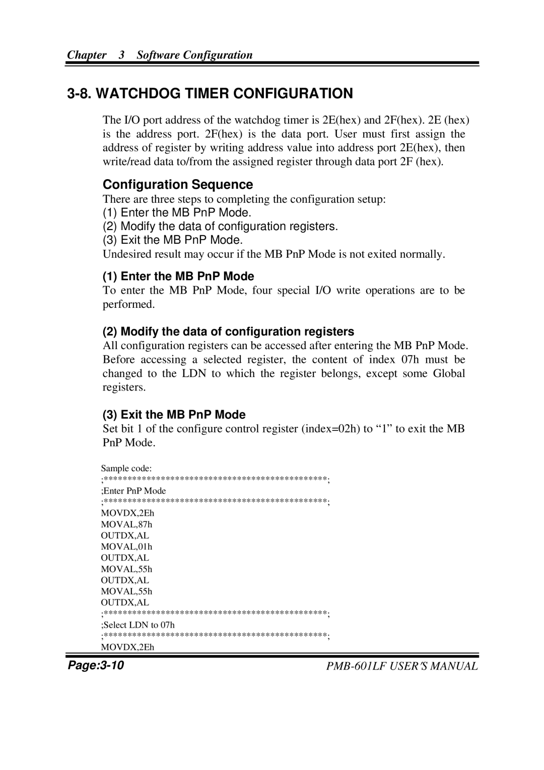 Intel PMB-601LF user manual Watchdog Timer Configuration, Configuration Sequence 