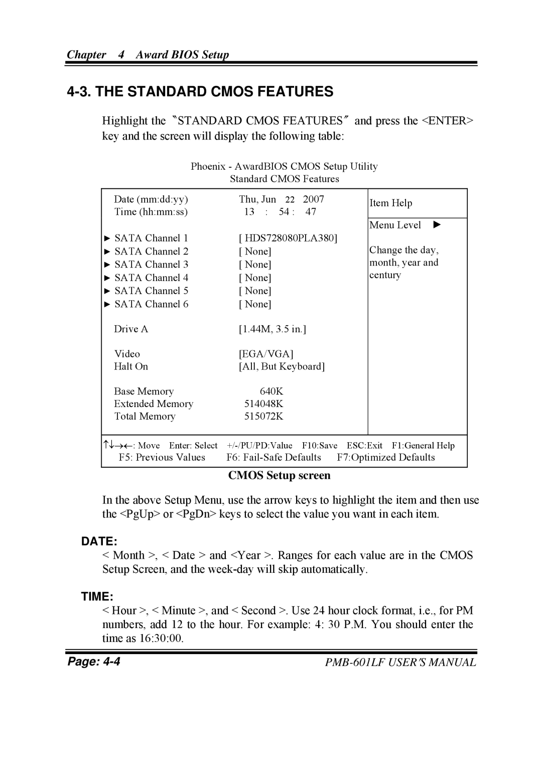 Intel PMB-601LF user manual Standard Cmos Features, Cmos Setup screen, Date, Time 