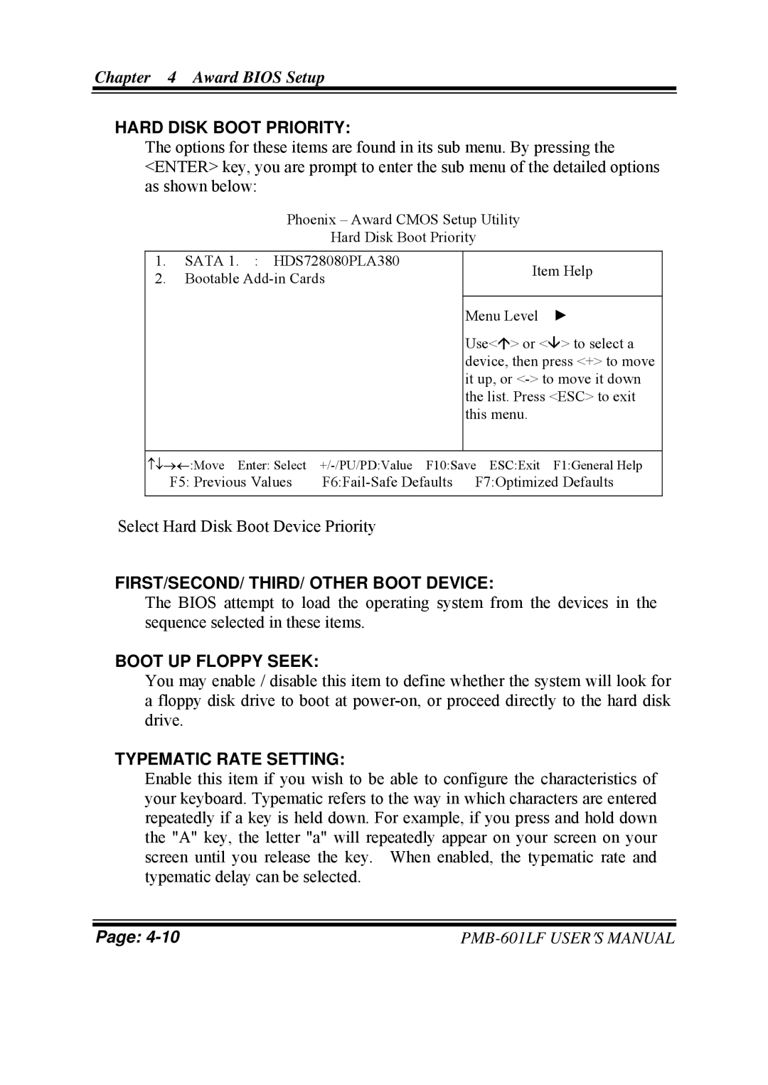 Intel PMB-601LF user manual Hard Disk Boot Priority, FIRST/SECOND/ THIRD/ Other Boot Device, Boot UP Floppy Seek 