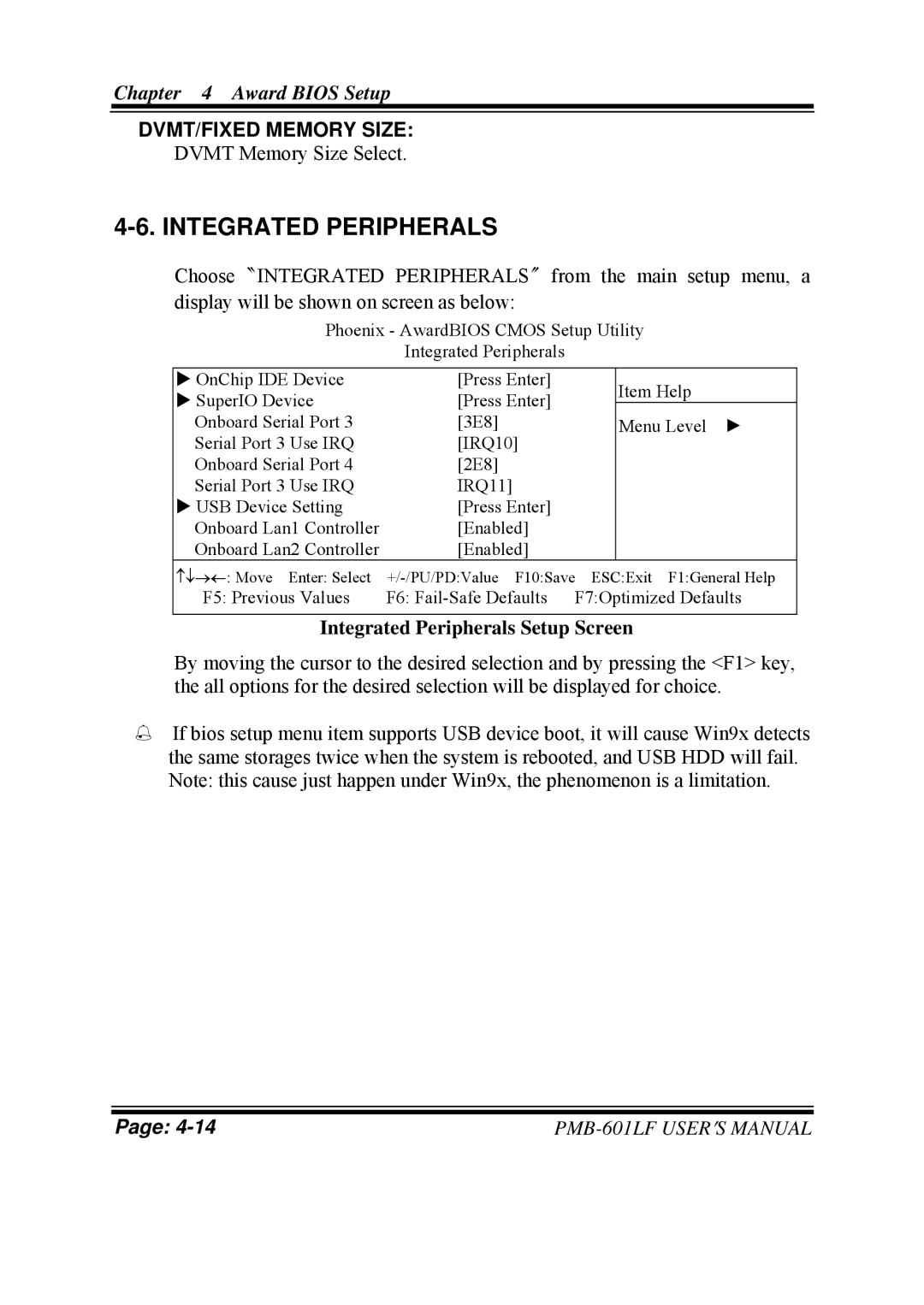 Intel PMB-601LF user manual DVMT/FIXED Memory Size, Integrated Peripherals Setup Screen 