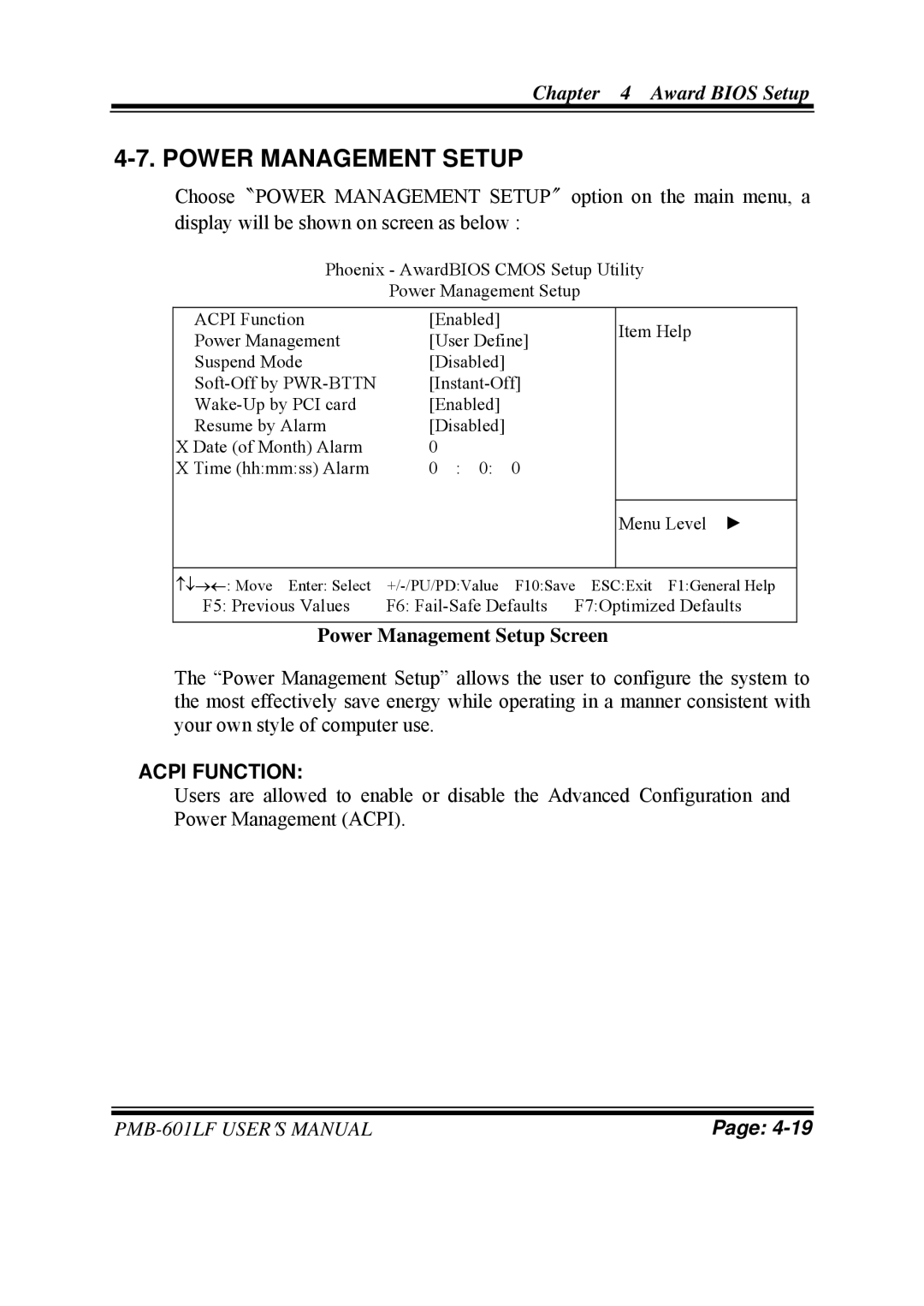 Intel PMB-601LF user manual Power Management Setup Screen, Acpi Function 