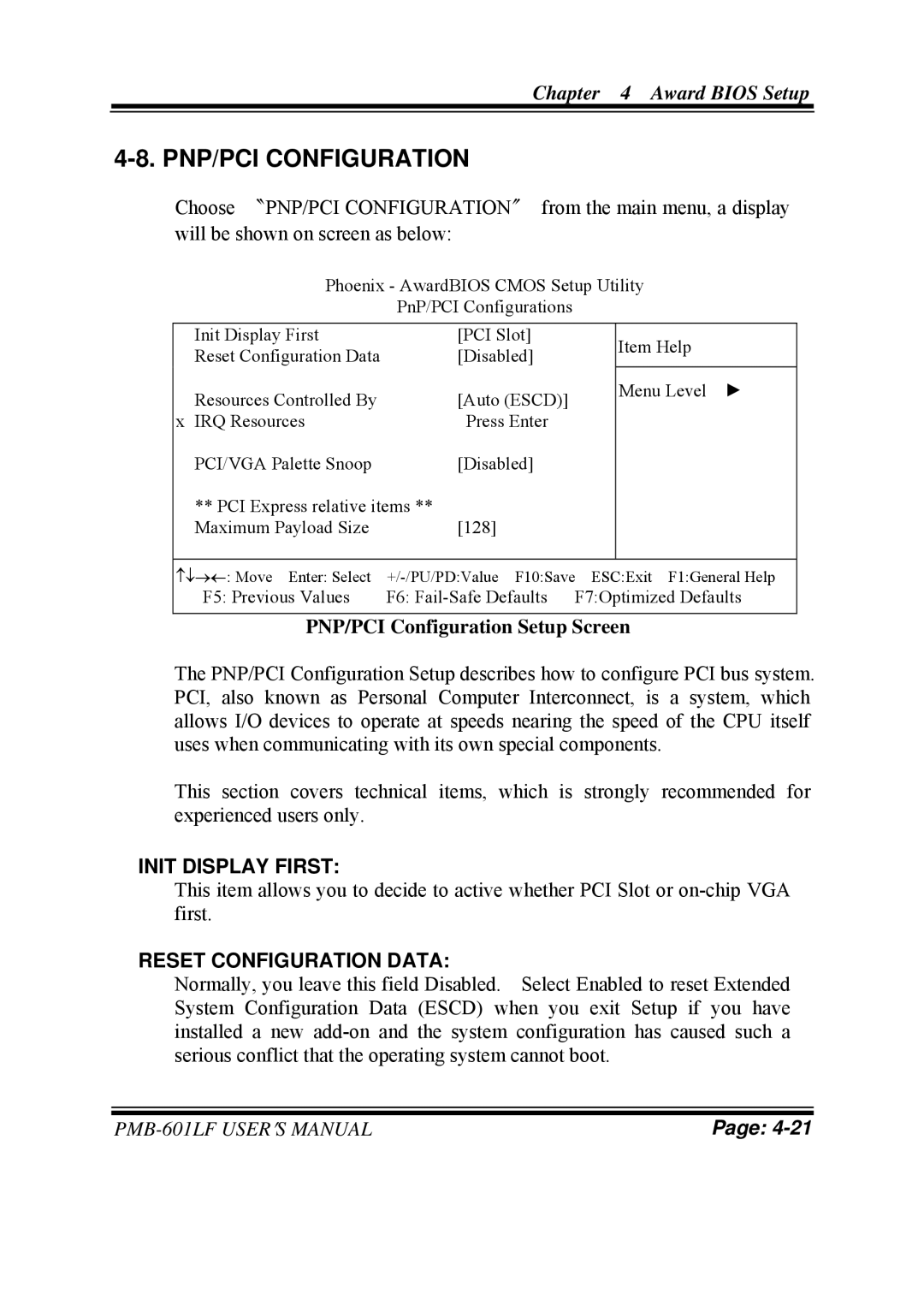 Intel PMB-601LF user manual PNP/PCI Configuration Setup Screen, Init Display First, Reset Configuration Data 