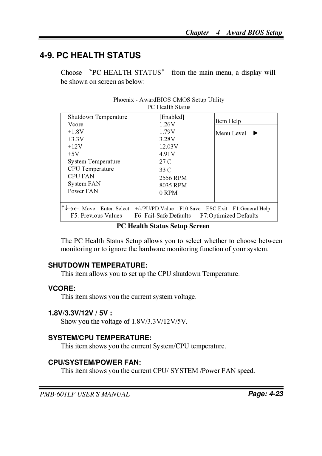 Intel PMB-601LF user manual PC Health Status, Shutdown Temperature, Vcore, SYSTEM/CPU Temperature, Cpu/System/Power Fan 