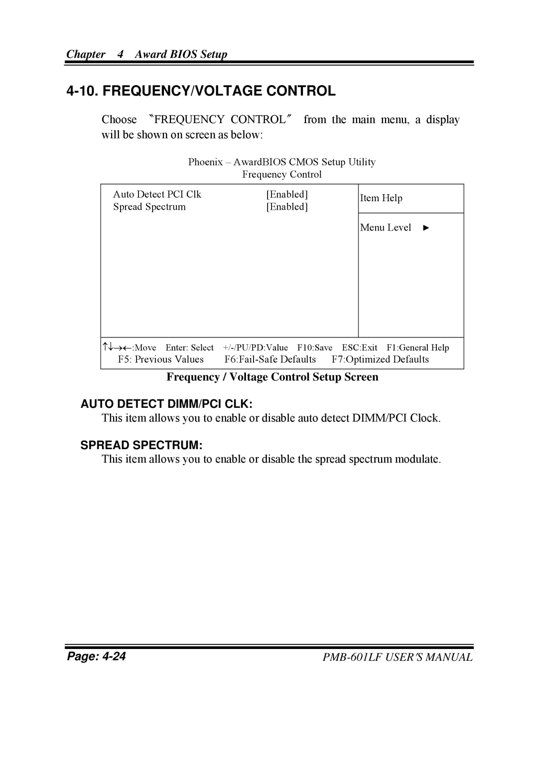 Intel PMB-601LF user manual FREQUENCY/VOLTAGE Control, Frequency / Voltage Control Setup Screen, Auto Detect DIMM/PCI CLK 