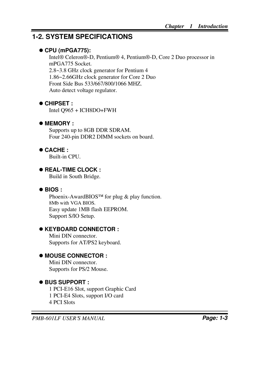 Intel PMB-601LF user manual System Specifications, CPU mPGA775 