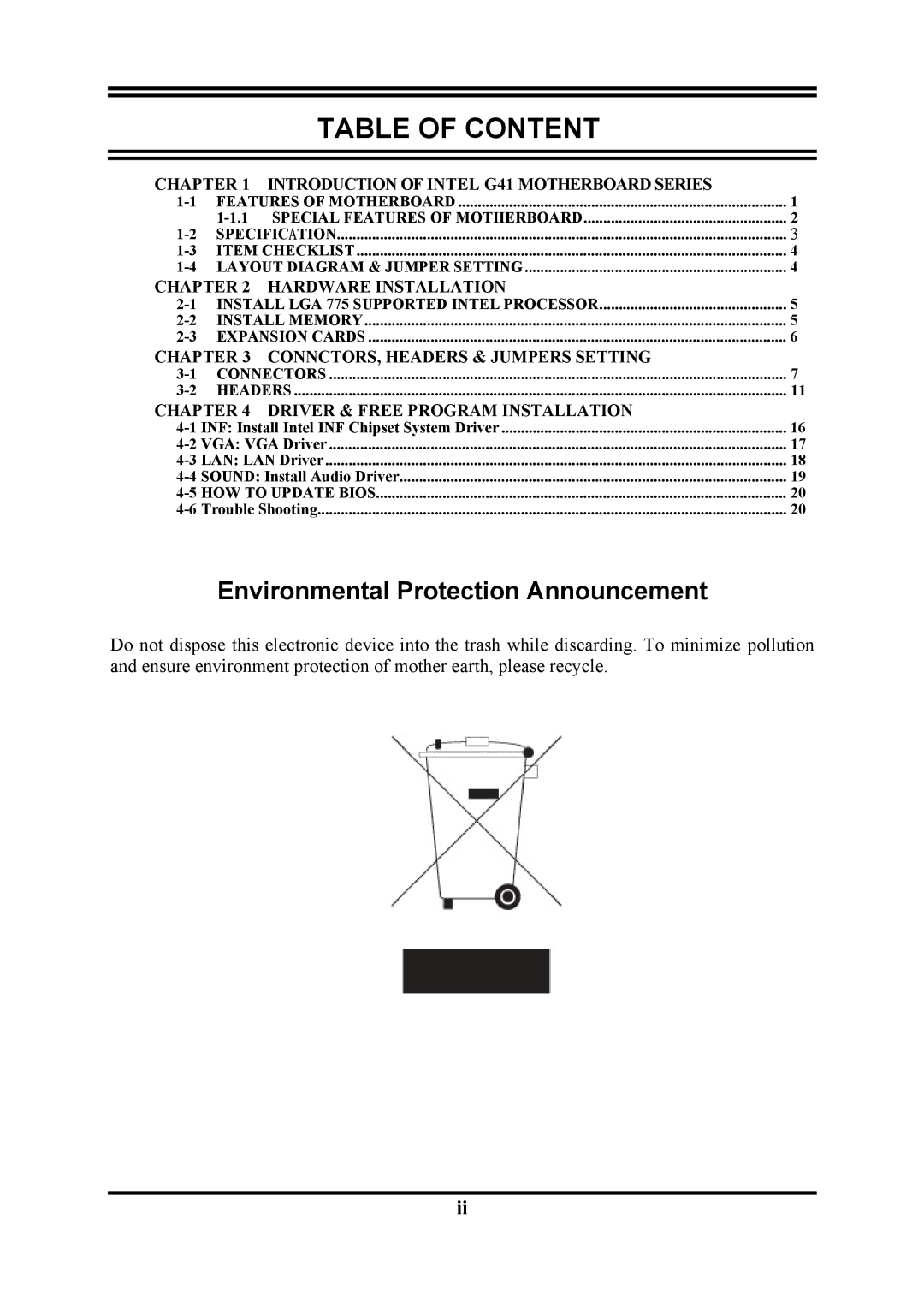 Intel PMG41-D2 user manual Table of Content, Environmental Protection Announcement 