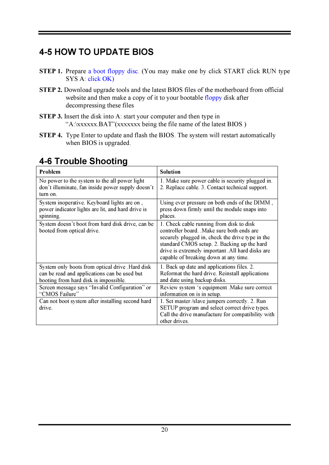 Intel PMG41-D2 user manual HOW to Update Bios, Trouble Shooting 