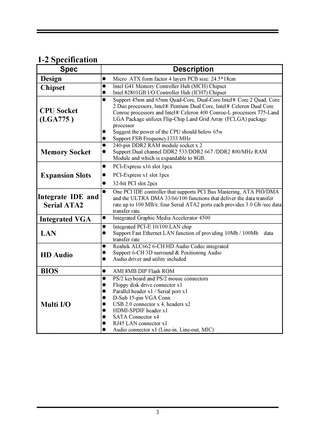 Intel PMG41-D2 user manual Specification 