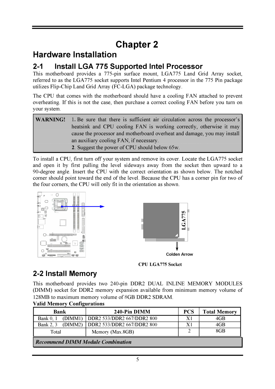 Intel PMG41-D2 Install LGA 775 Supported Intel Processor, Install Memory, Valid Memory Configurations Bank Pin Dimm 