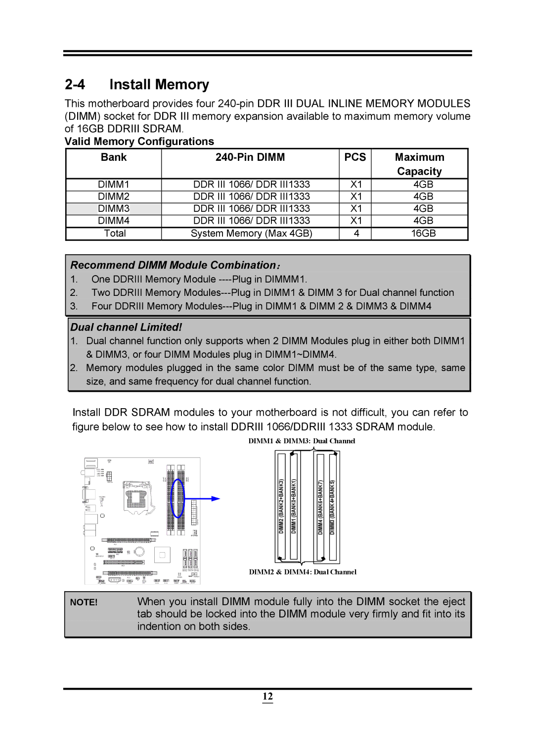 Intel PMH55 user manual Install Memory, Valid Memory Configurations Bank Pin Dimm, Pcs, Maximum, Capacity 