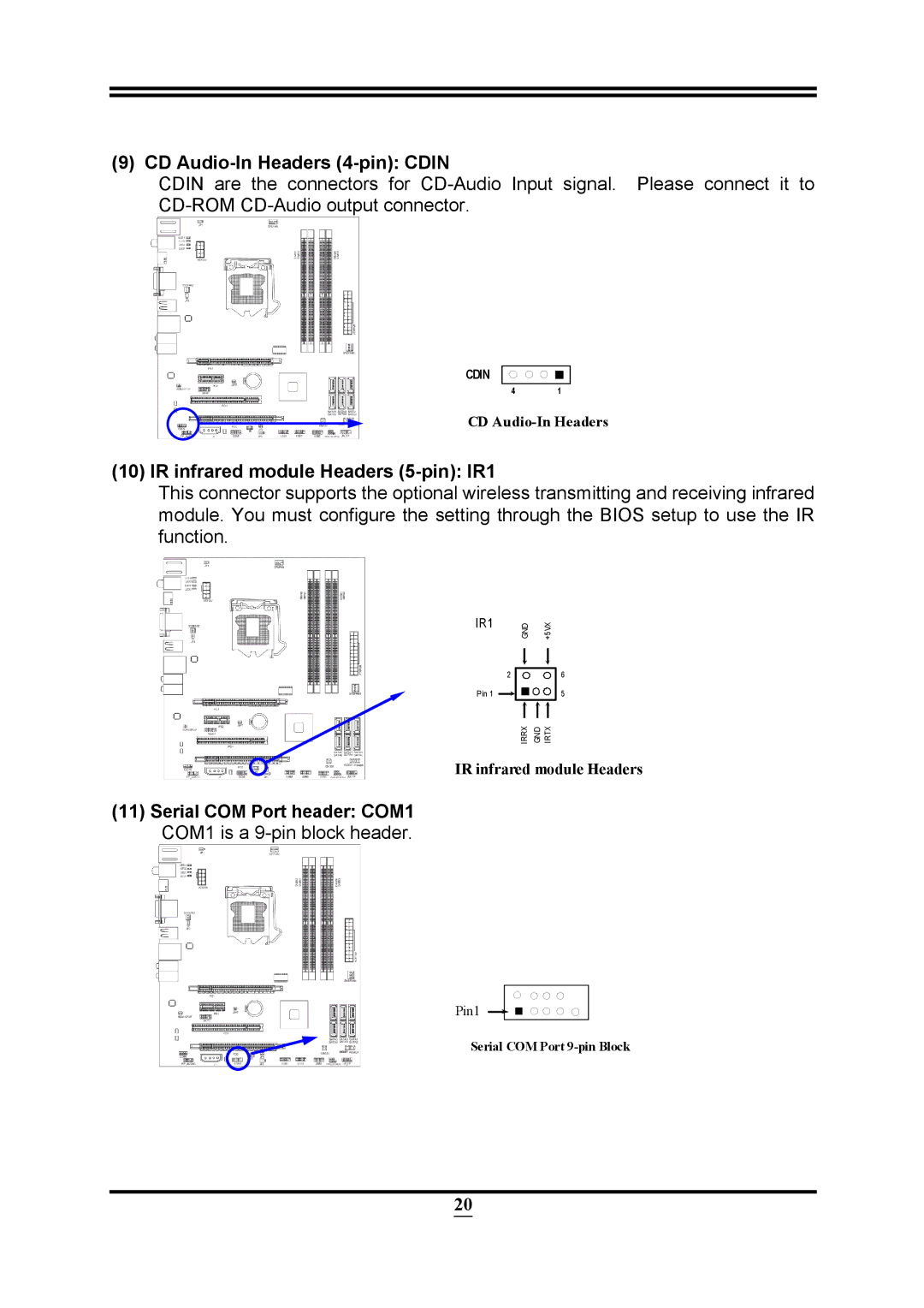 Intel PMH55 user manual CD Audio-In Headers 4-pin Cdin, IR infrared module Headers 5-pin IR1 