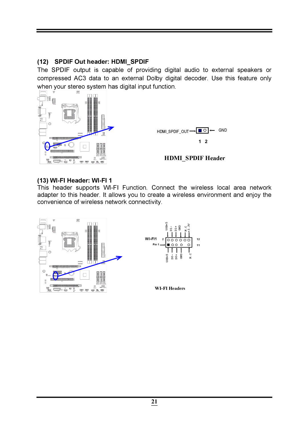 Intel PMH55 user manual Spdif Out header Hdmispdif, WI-FI Header WI-FI 