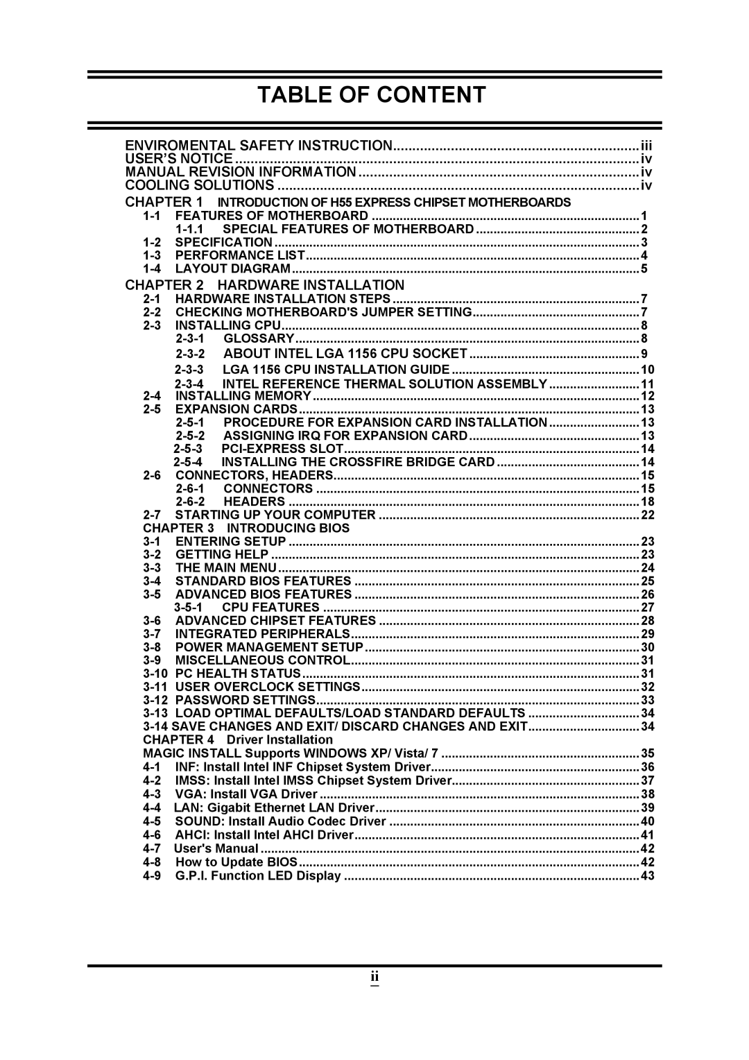 Intel PMH55 user manual Table of Content 