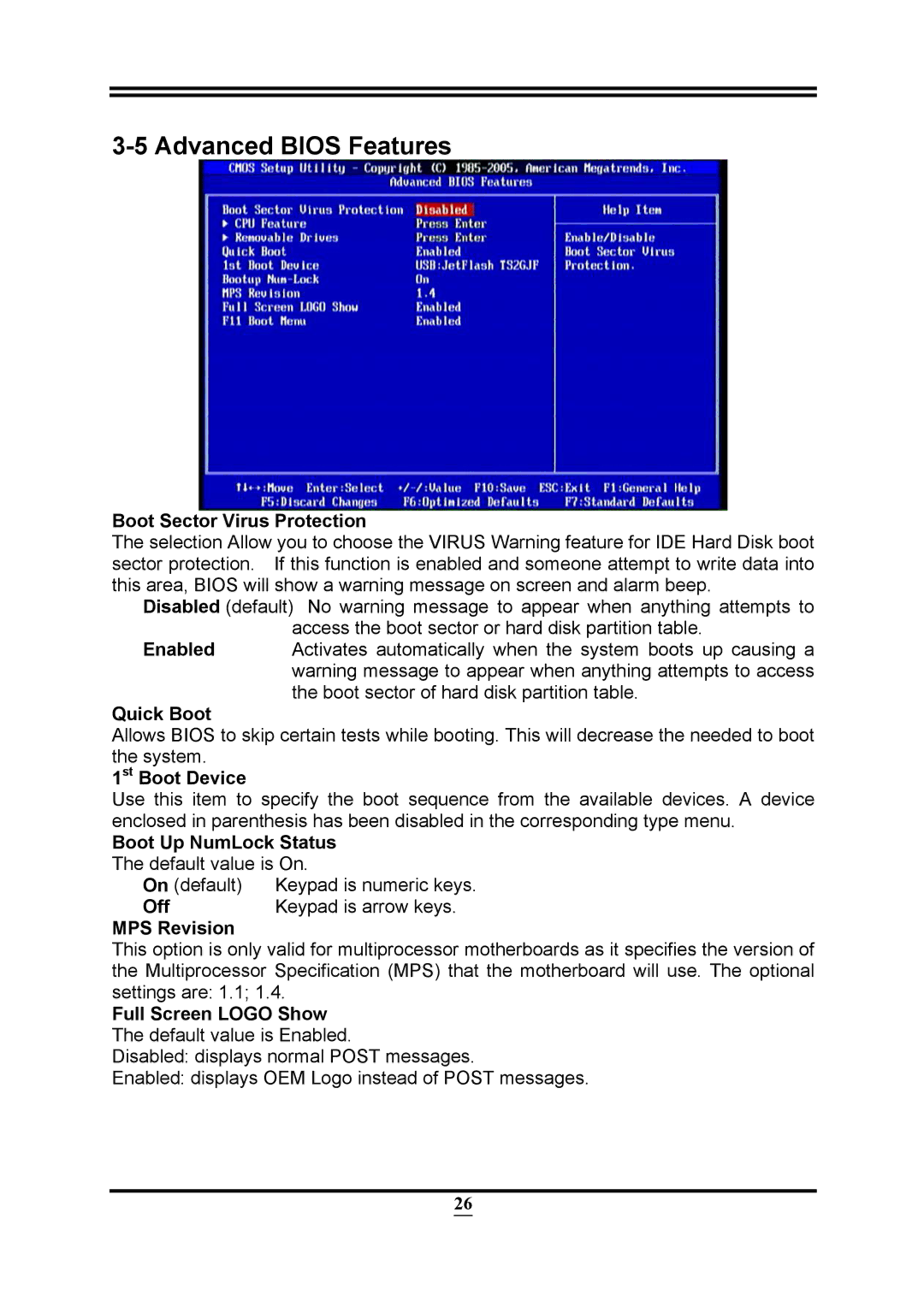 Intel PMH55 user manual Advanced Bios Features 