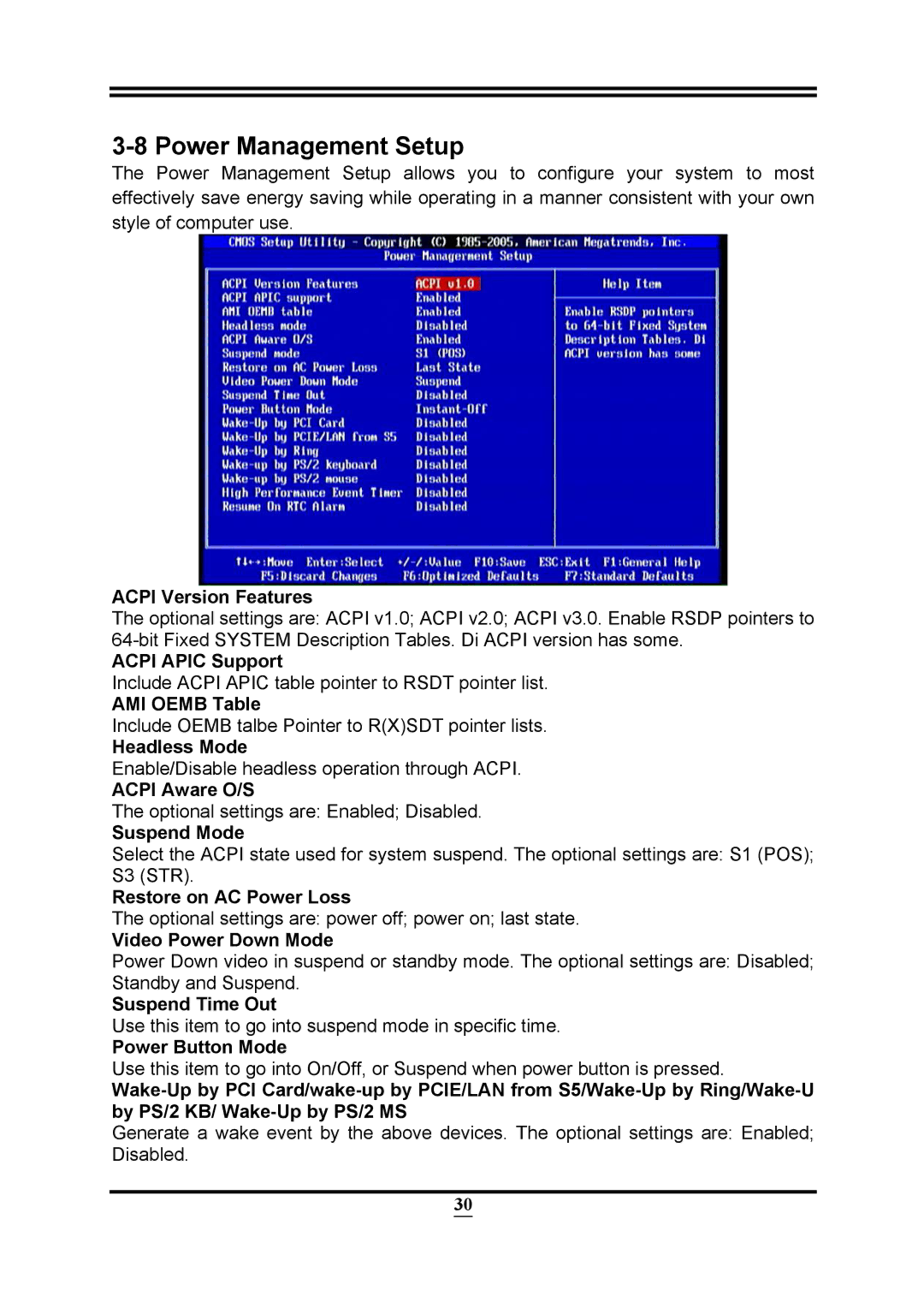 Intel PMH55 user manual Power Management Setup 