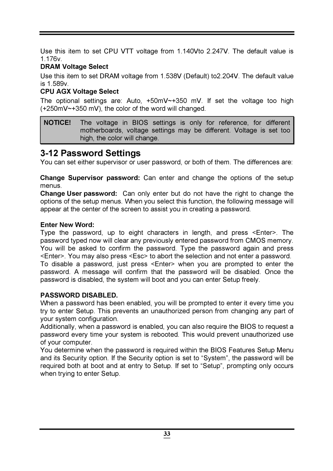 Intel PMH55 user manual Password Settings, Dram Voltage Select, CPU AGX Voltage Select, Enter New Word, Password Disabled 