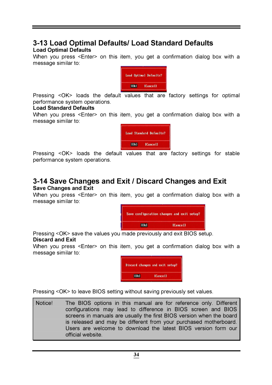 Intel PMH55 user manual Load Optimal Defaults/ Load Standard Defaults, Save Changes and Exit / Discard Changes and Exit 