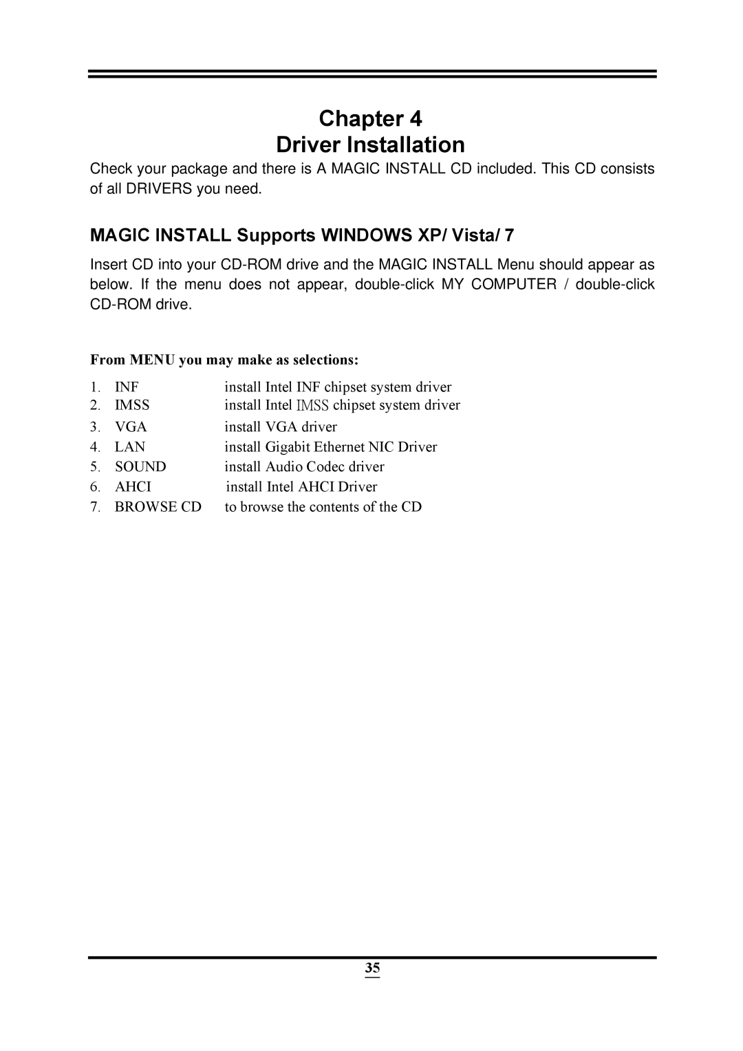 Intel PMH55 user manual Chapter Driver Installation 