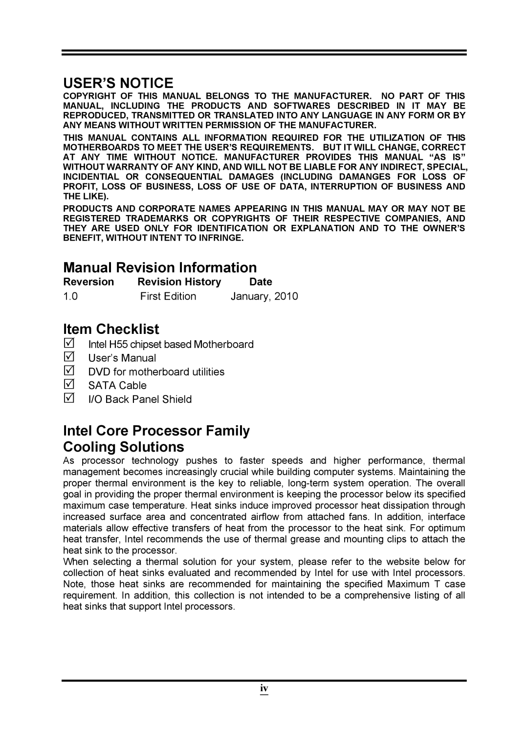 Intel PMH55 user manual Manual Revision Information, Item Checklist, Intel Core Processor Family Cooling Solutions 