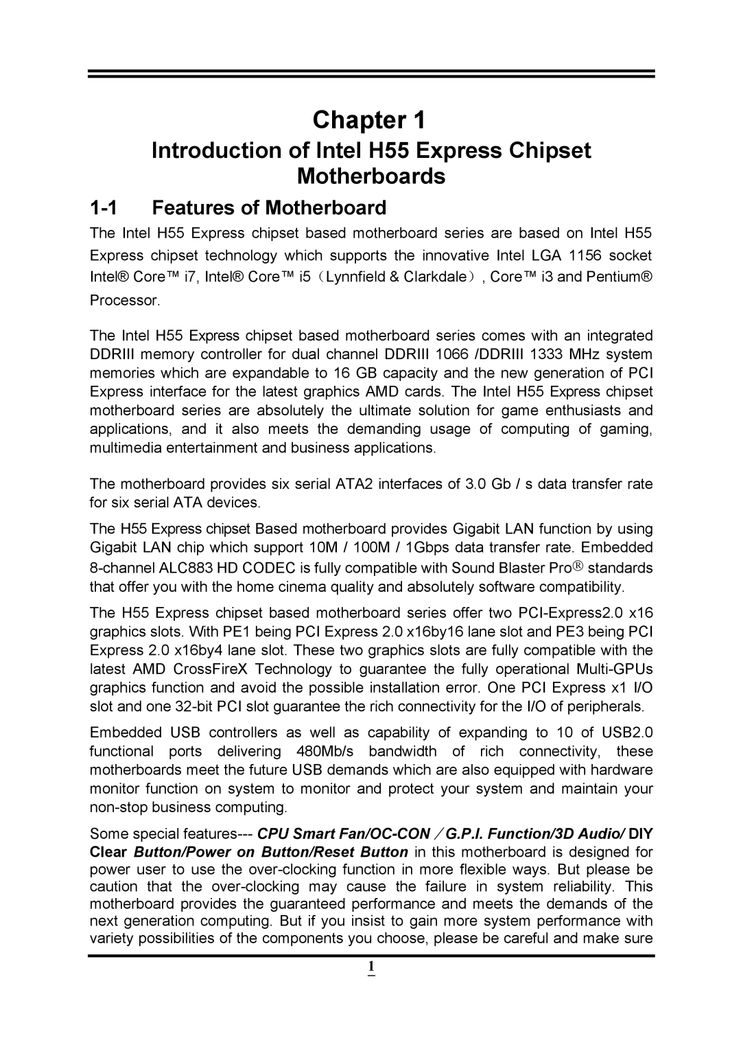 Intel PMH55 user manual Chapter, Features of Motherboard 