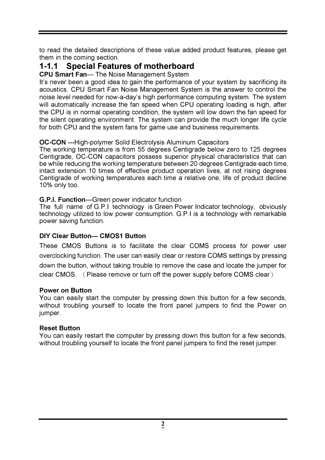 Intel PMH55 user manual Special Features of motherboard, DIY Clear Button- CMOS1 Button, Power on Button, Reset Button 