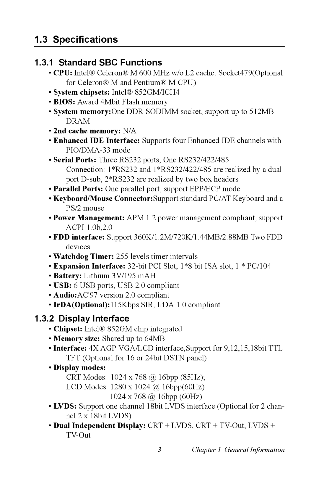 Intel POD-6552 user manual Specifications, Standard SBC Functions, Display Interface 