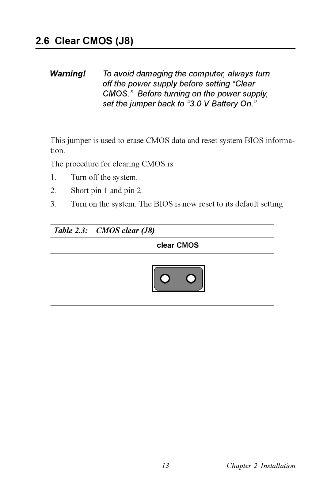 Intel POD-6552 user manual Clear Cmos J8 