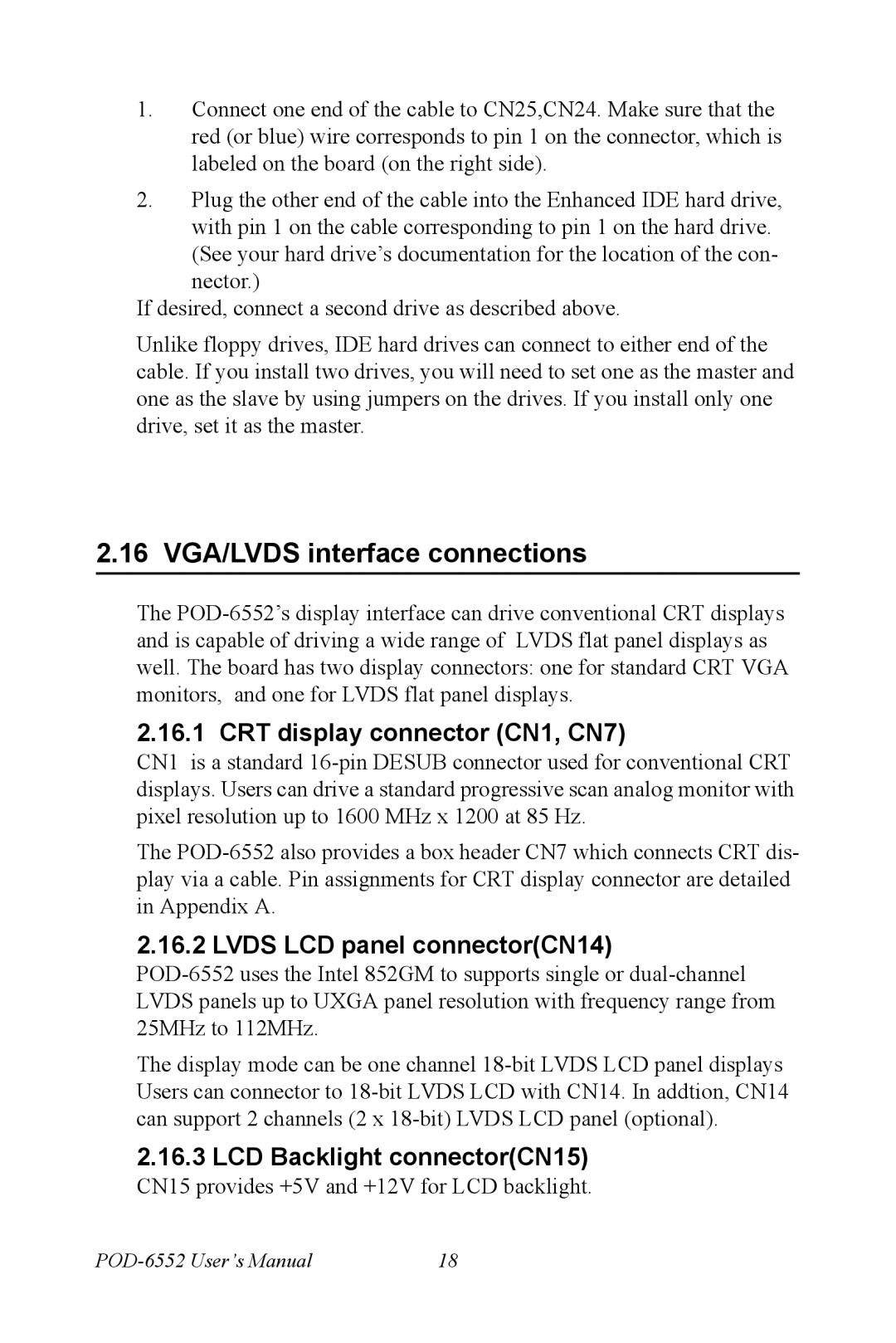 Intel POD-6552 user manual 16 VGA/LVDS interface connections, CRT display connector CN1, CN7, Lvds LCD panel connectorCN14 