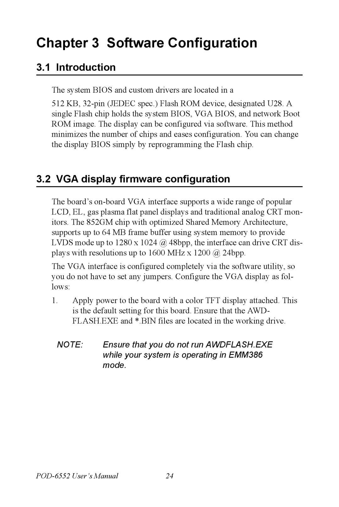 Intel POD-6552 user manual VGA display firmware configuration, Mode 