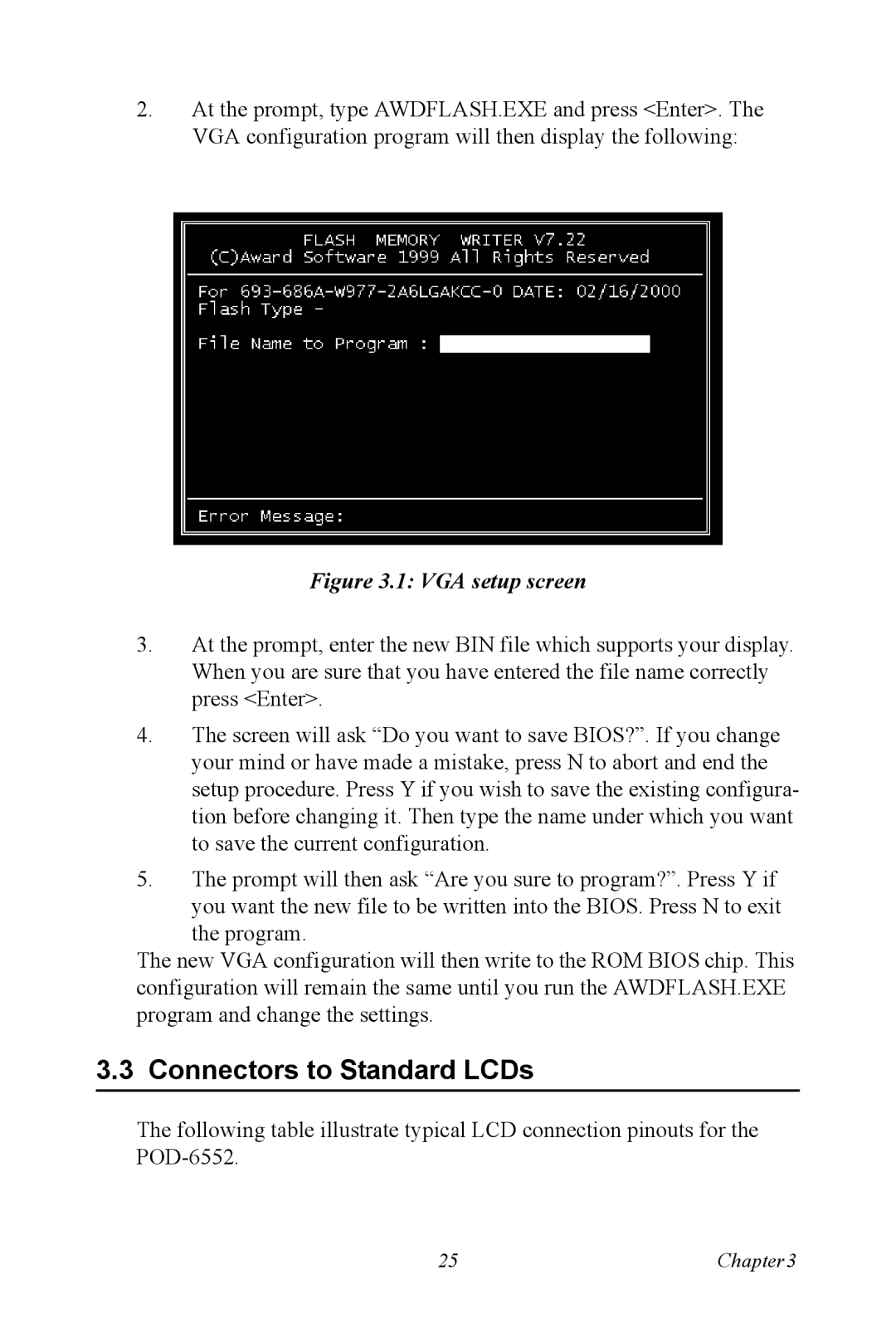 Intel POD-6552 user manual Connectors to Standard LCDs, VGA setup screen 