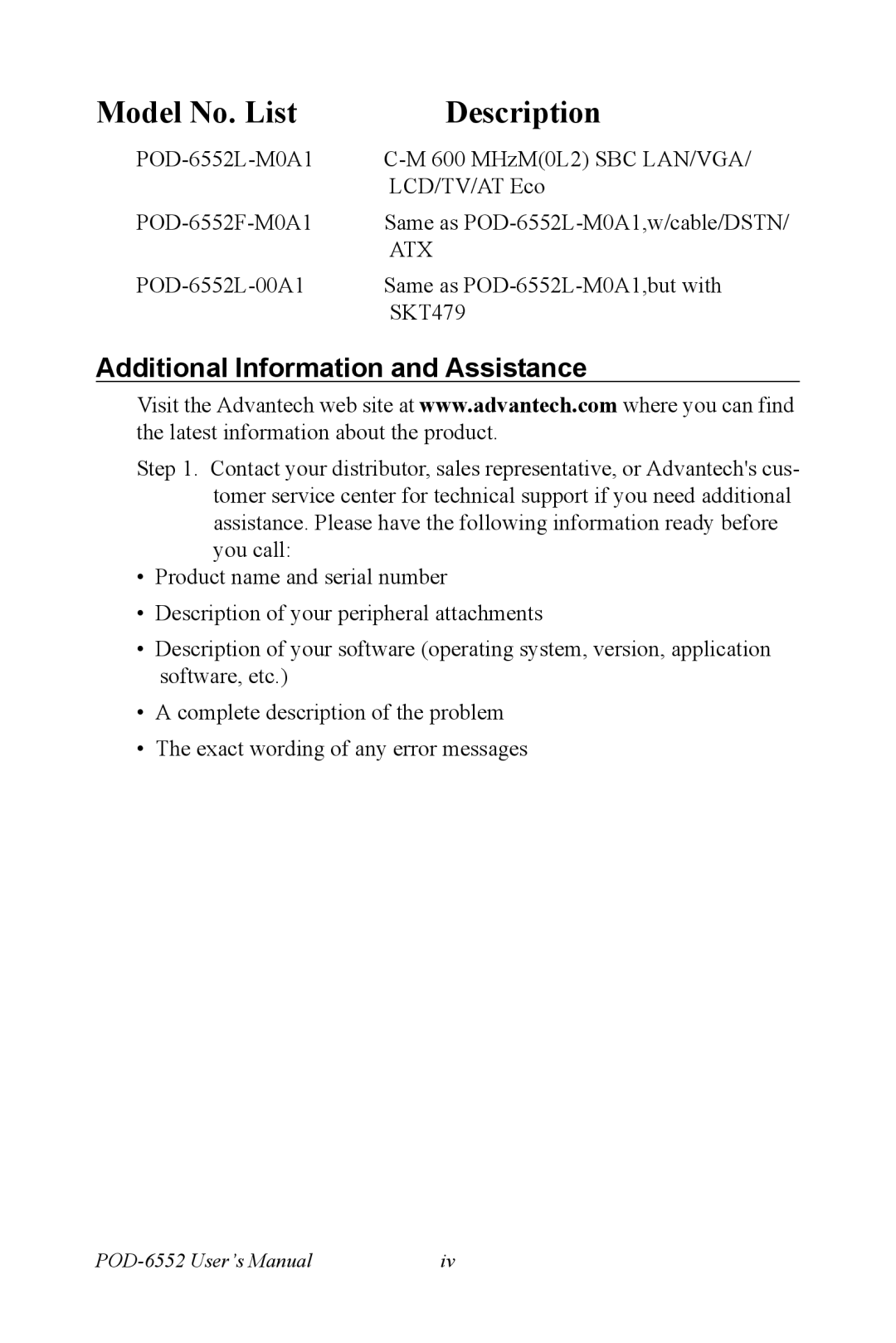 Intel POD-6552 user manual Model No. List Description, Additional Information and Assistance 