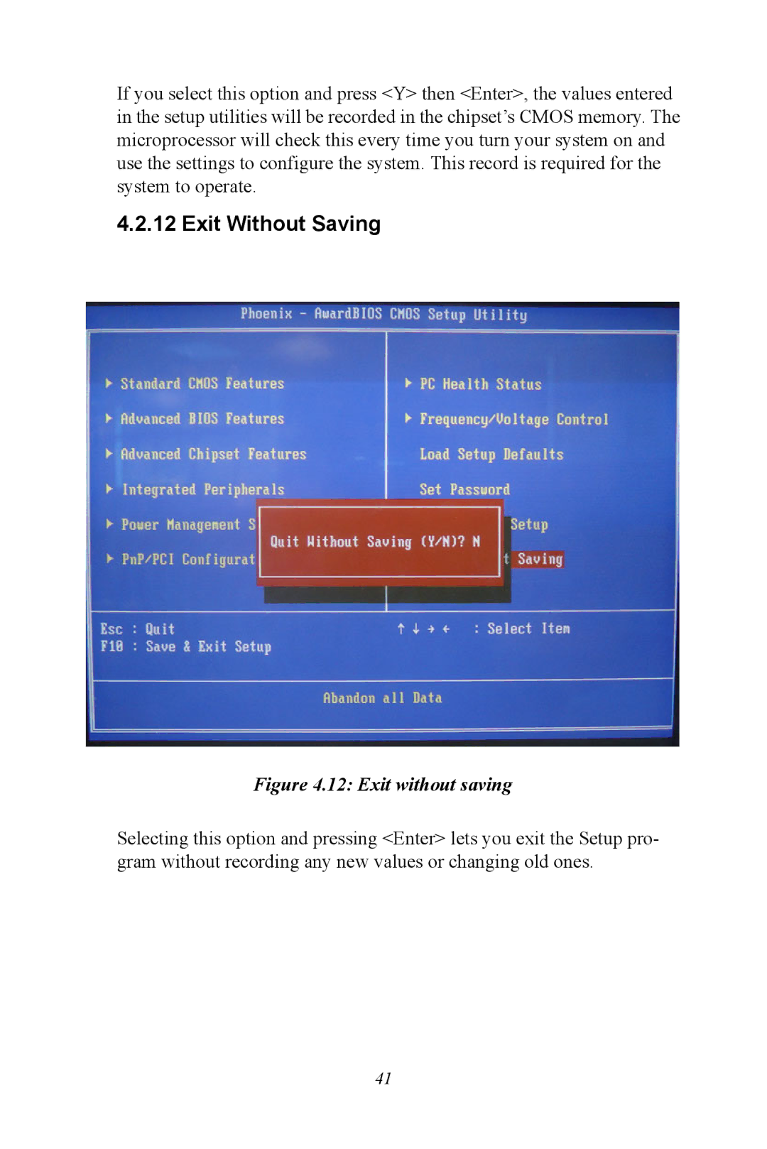 Intel POD-6552 user manual Exit Without Saving, Exit without saving 