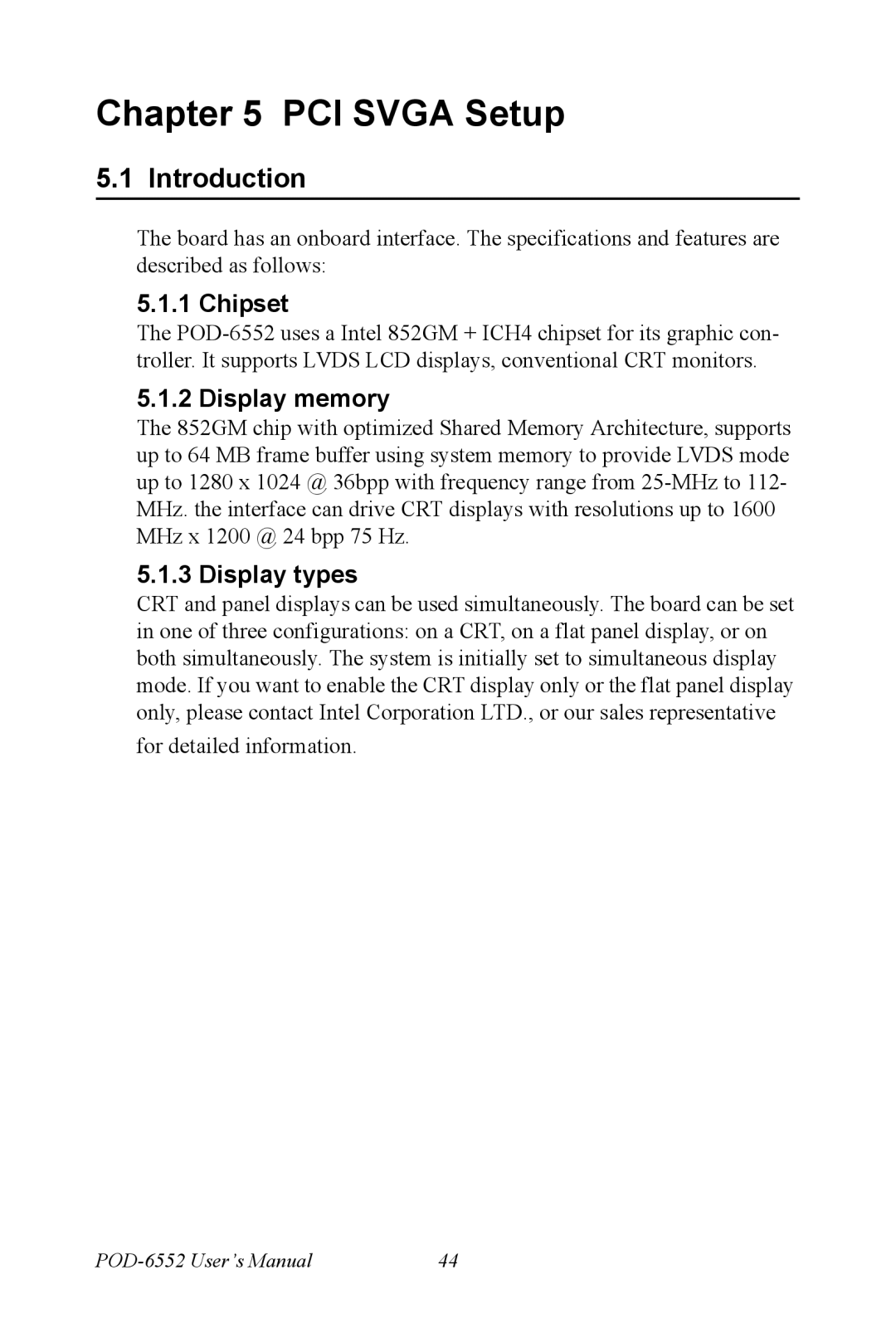 Intel POD-6552 user manual Chipset, Display memory, Display types 