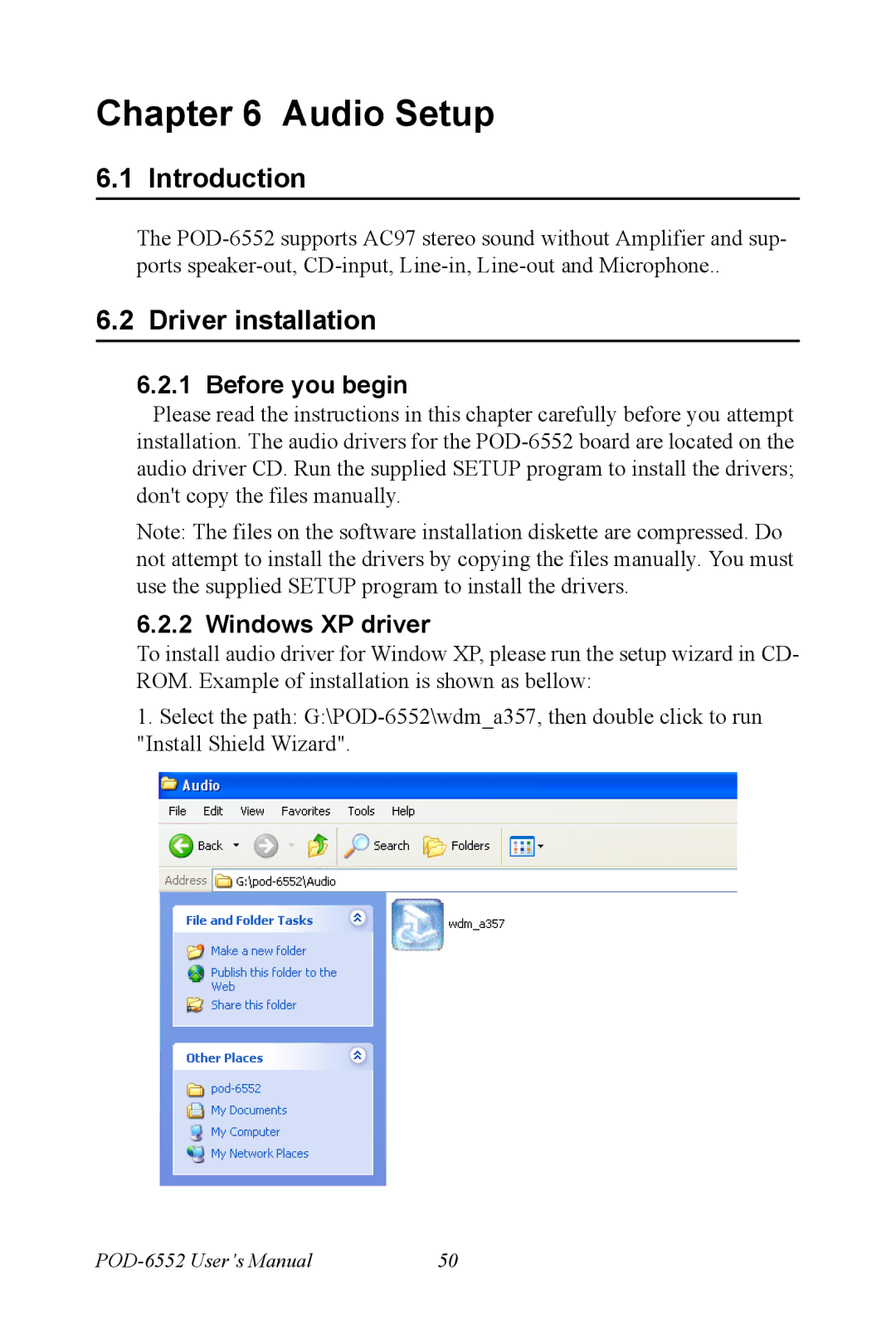 Intel POD-6552 user manual Driver installation, Before you begin, Windows XP driver 