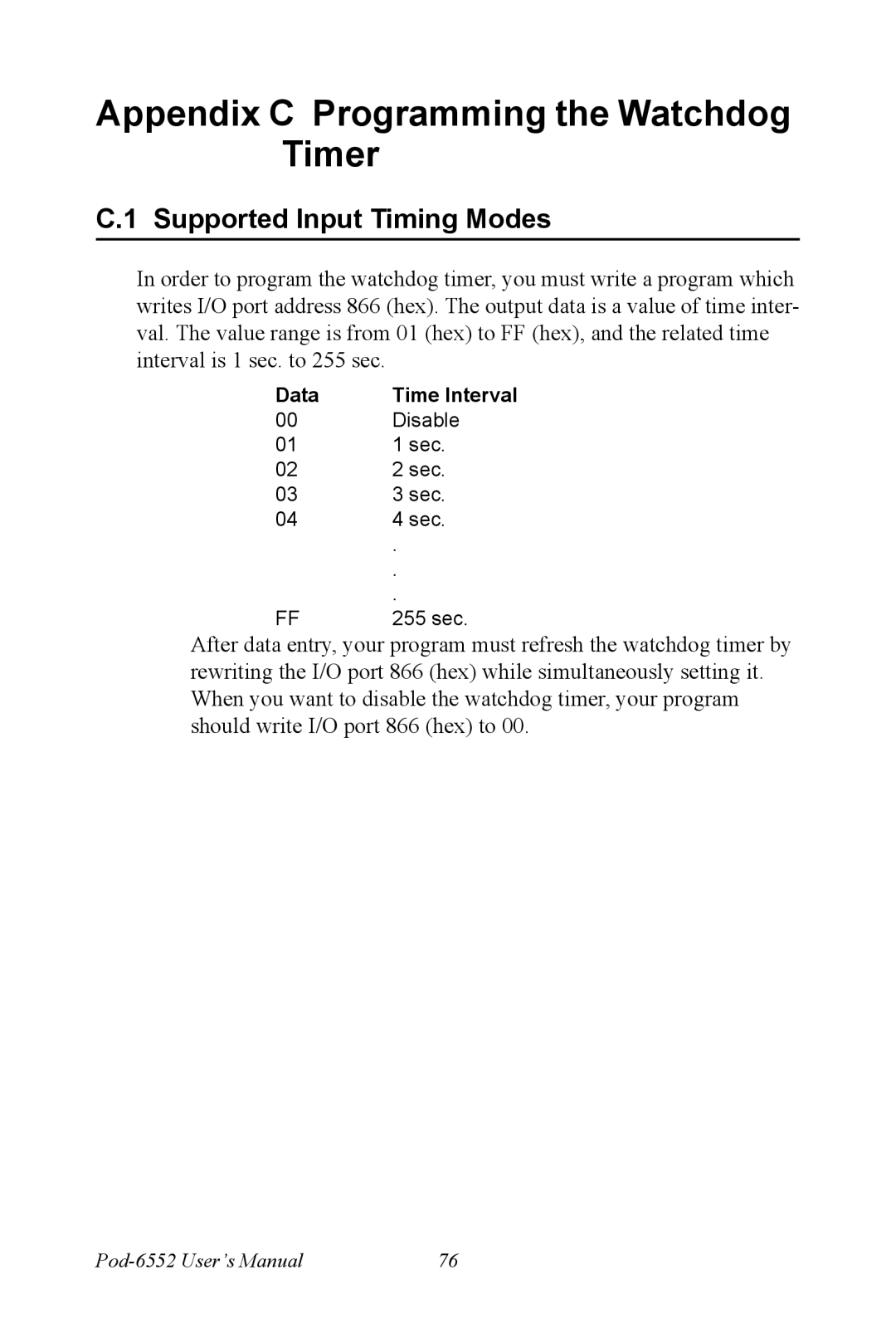 Intel POD-6552 user manual Appendix C Programming the Watchdog Timer, Supported Input Timing Modes, Data Time Interval 