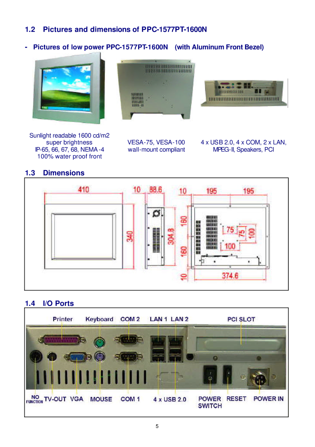 Intel PPC-1772PT user manual Dimensions I/O Ports 