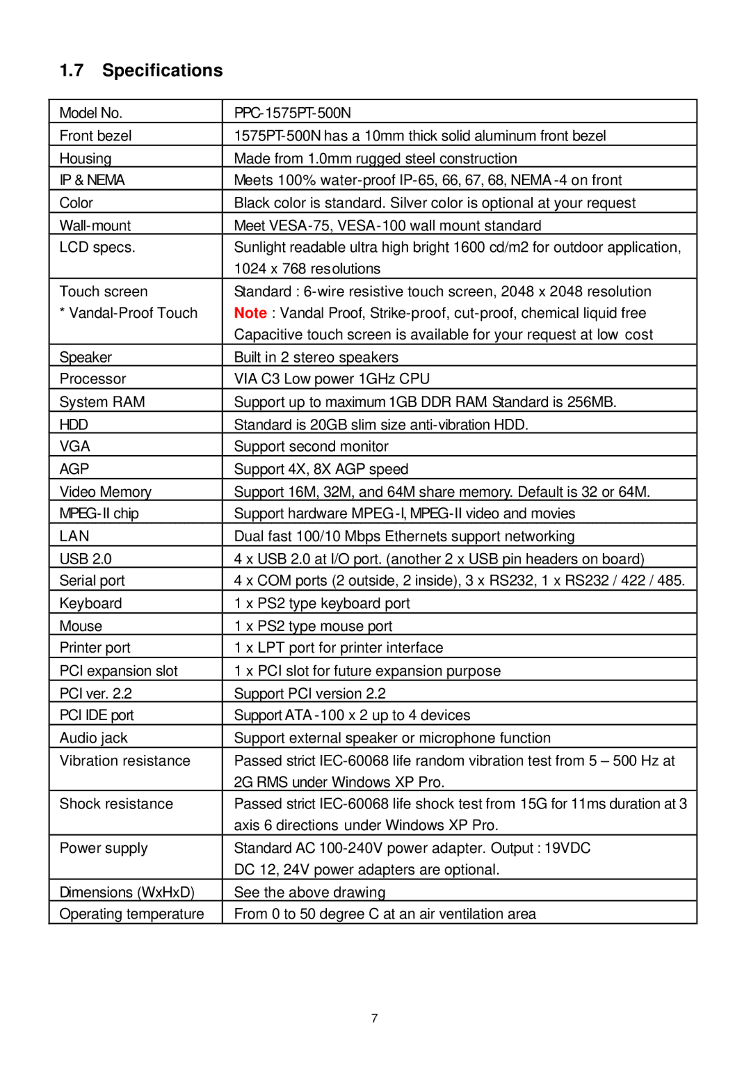 Intel PPC-1772PT user manual Specifications, IP & Nema 