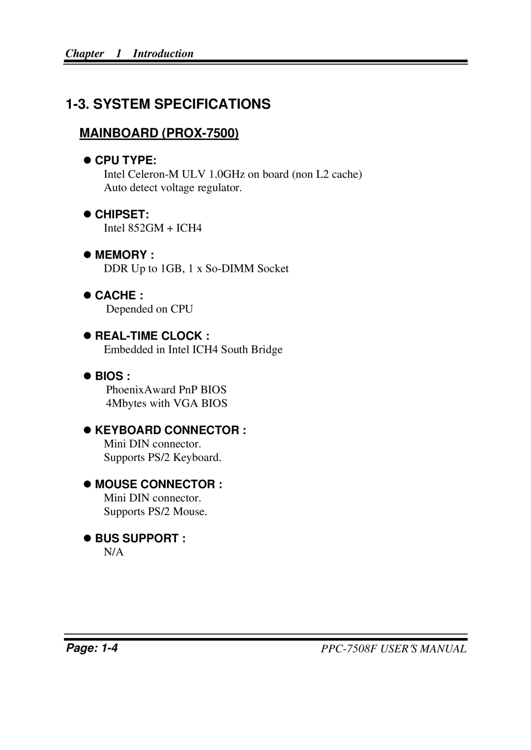 Intel PPC-7508F M1 user manual System Specifications, Mainboard PROX-7500 