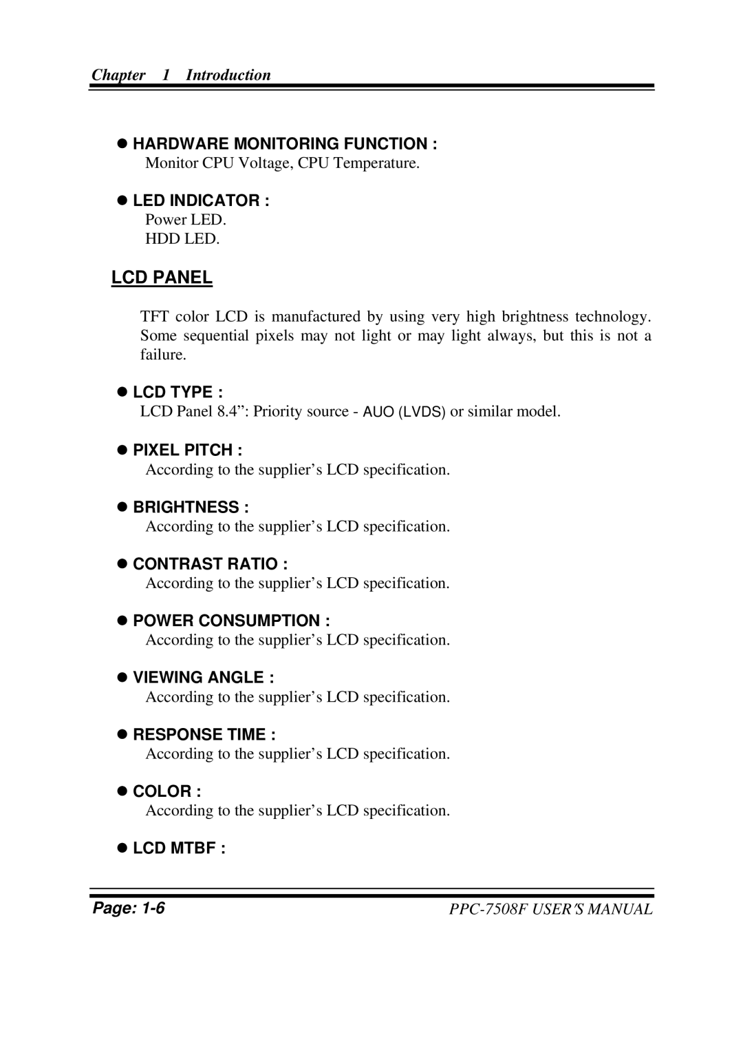 Intel PPC-7508F M1 user manual LCD Panel 