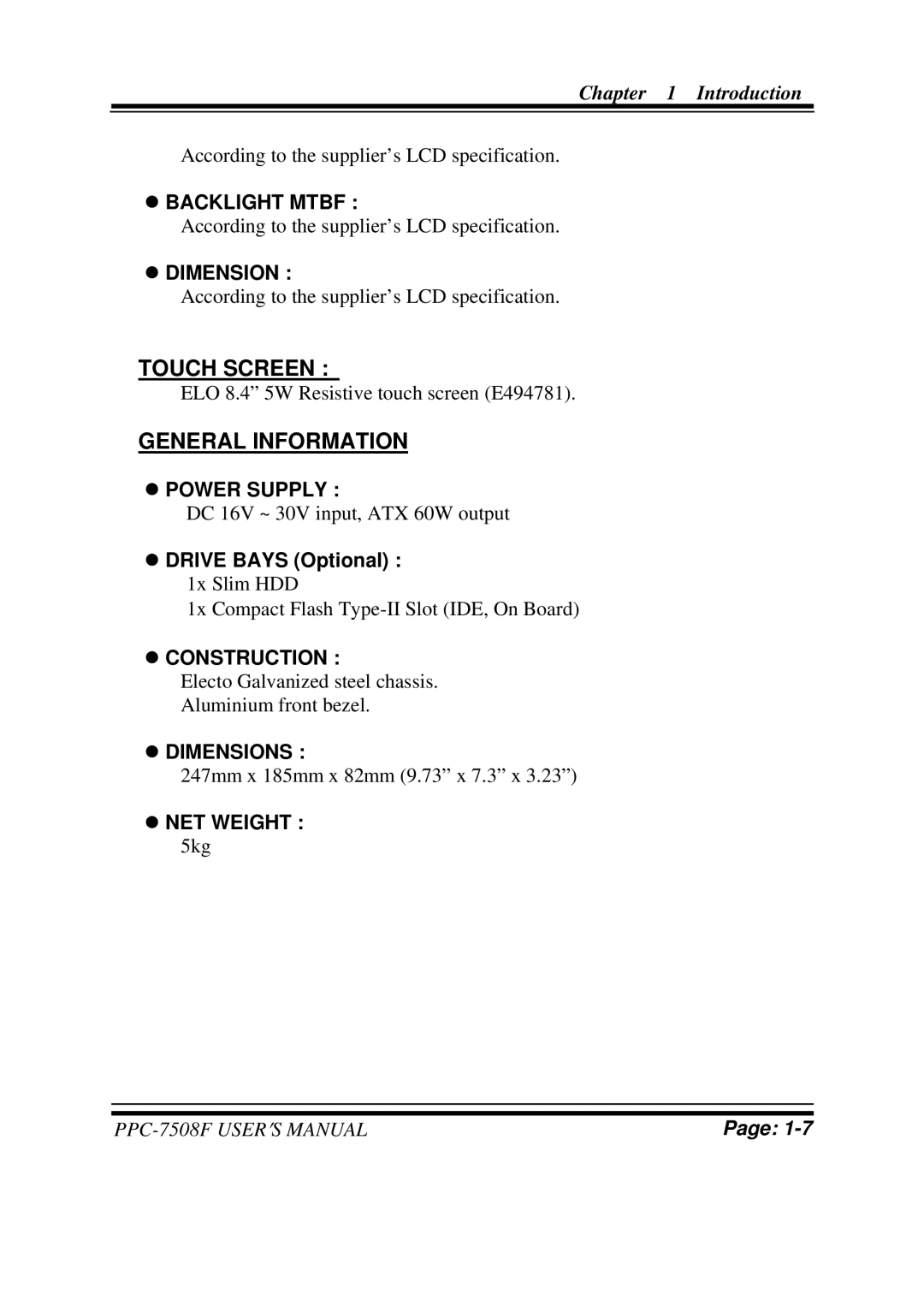 Intel PPC-7508F M1 user manual Touch Screen 