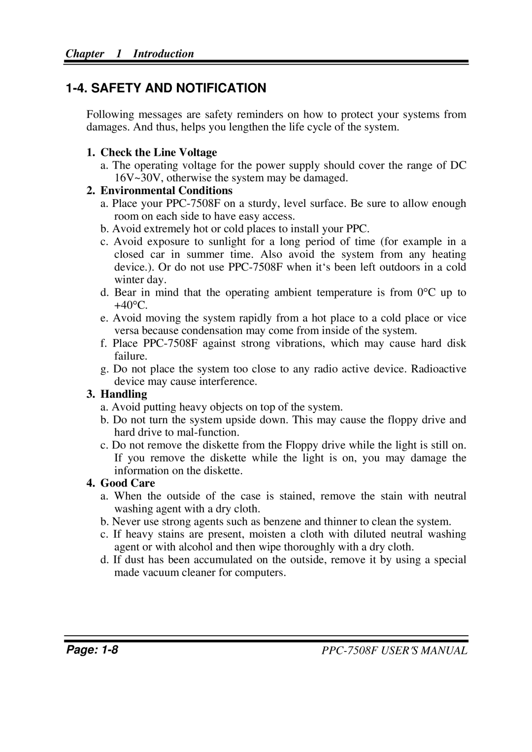 Intel PPC-7508F M1 user manual Check the Line Voltage, Environmental Conditions, Handling, Good Care 