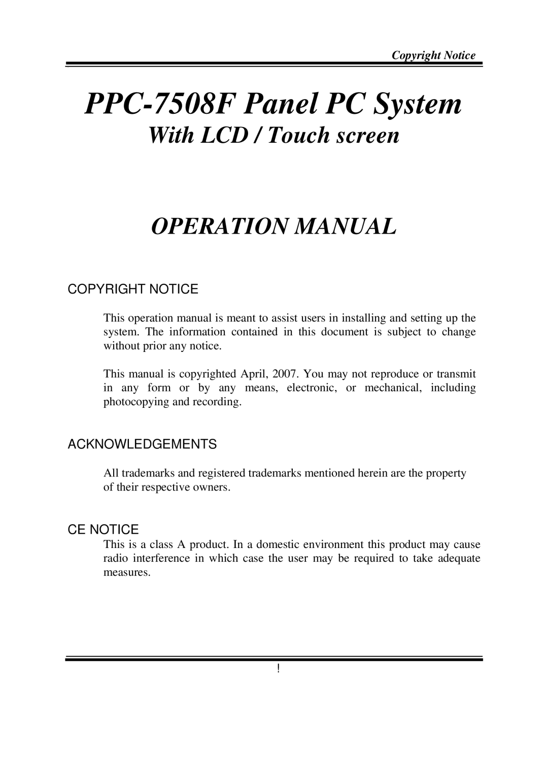 Intel PPC-7508F M1 user manual PPC-7508F Panel PC System 