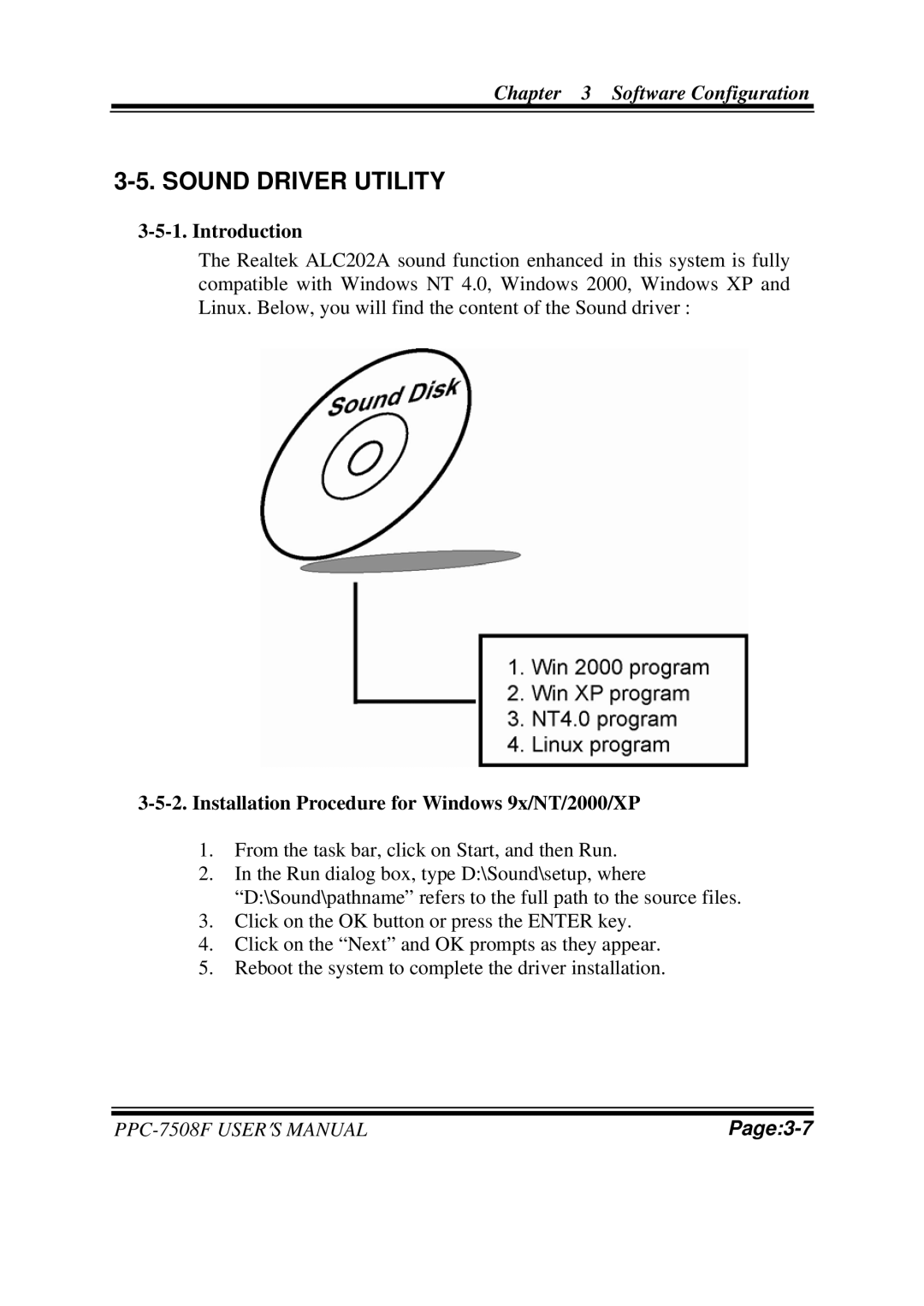 Intel PPC-7508F M1 user manual Sound Driver Utility, Installation Procedure for Windows 9x/NT/2000/XP 