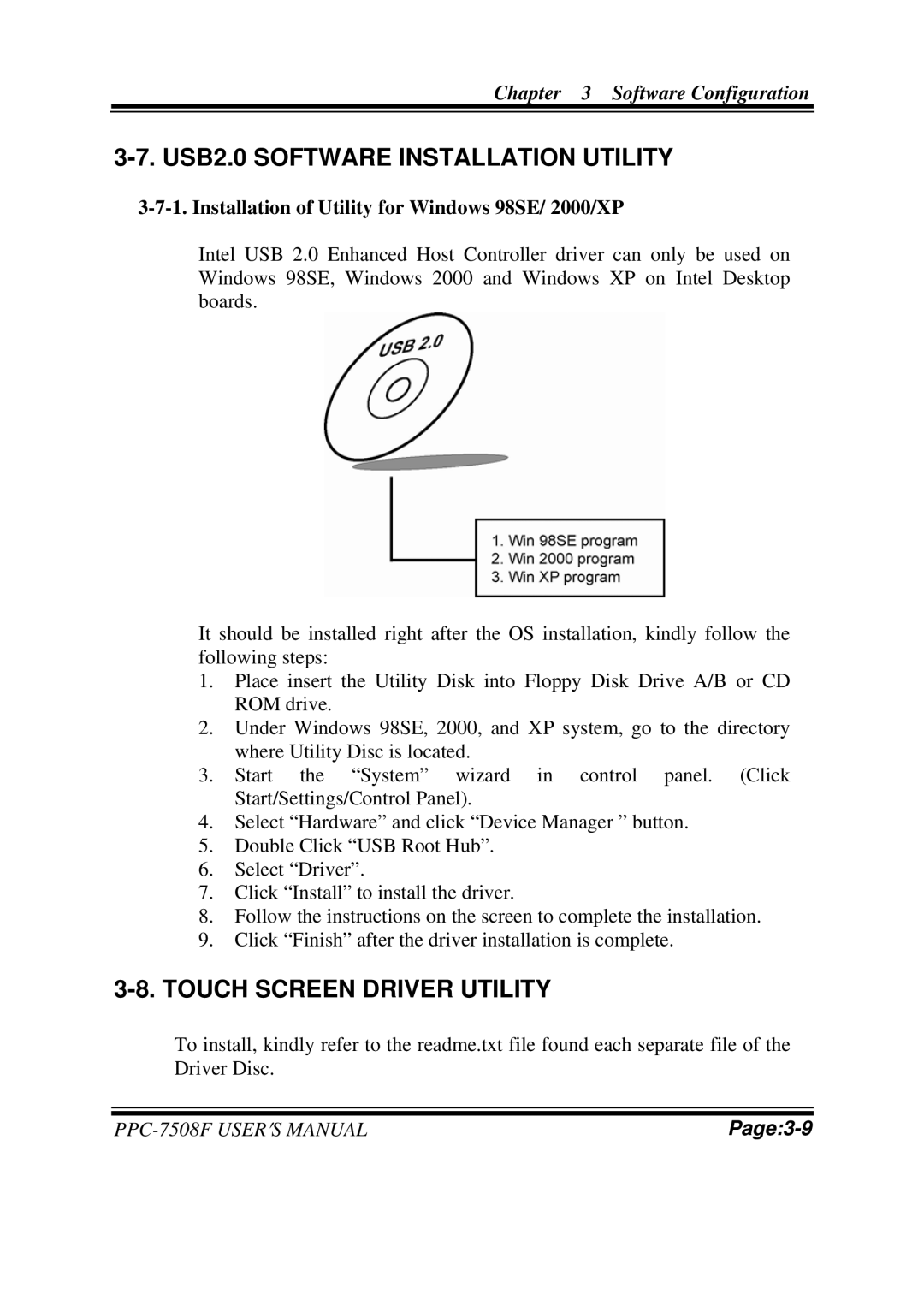 Intel PPC-7508F M1 user manual USB2.0 Software Installation Utility, Touch Screen Driver Utility 