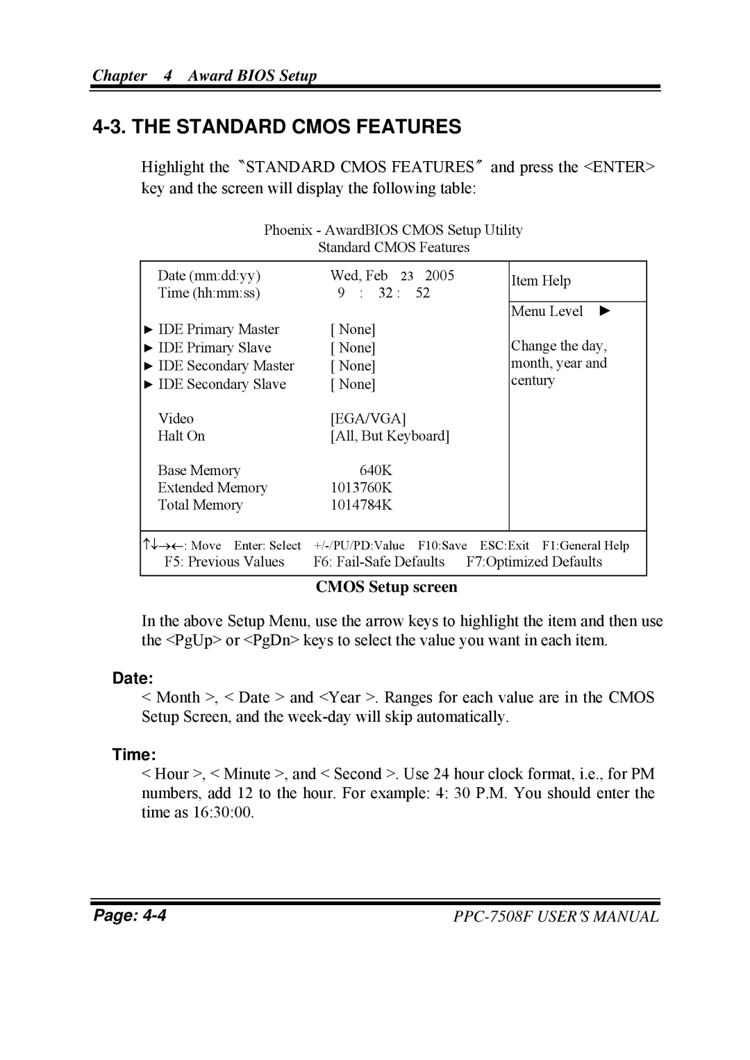 Intel PPC-7508F M1 user manual Standard Cmos Features, Cmos Setup screen 