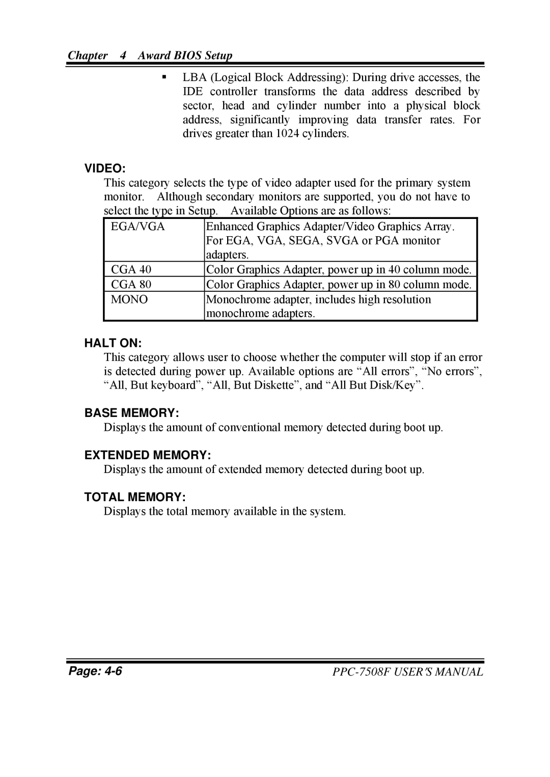 Intel PPC-7508F M1 user manual Video, Halt on, Base Memory, Extended Memory, Total Memory 