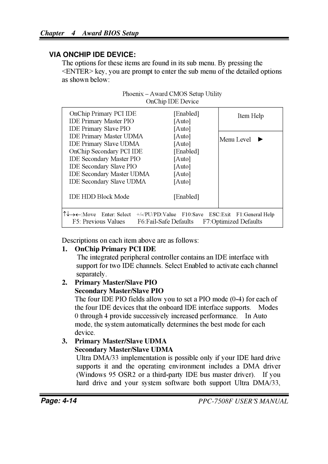 Intel PPC-7508F M1 VIA Onchip IDE Device, OnChip Primary PCI IDE, Primary Master/Slave PIO Secondary Master/Slave PIO 