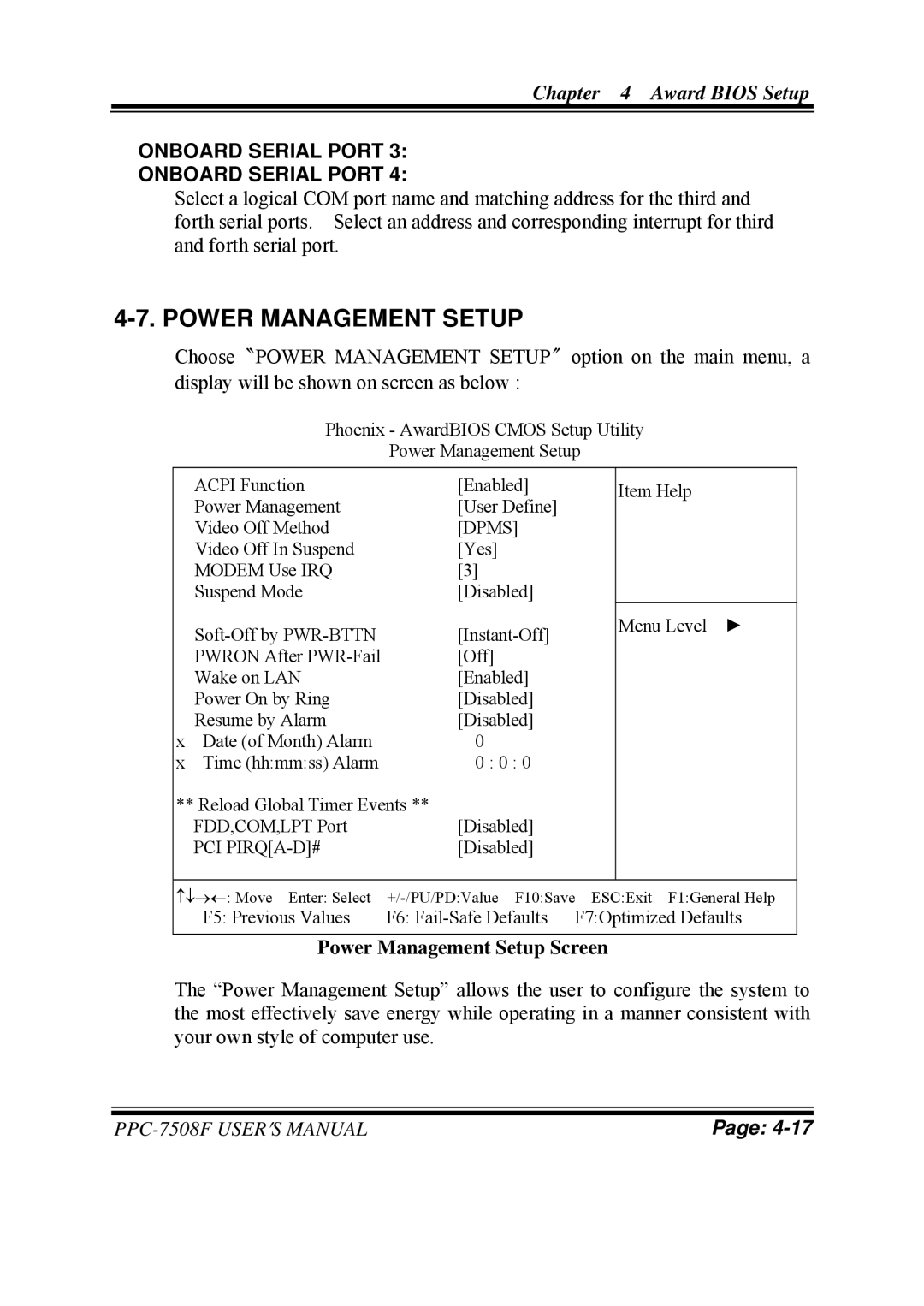 Intel PPC-7508F M1 user manual Onboard Serial Port, Power Management Setup Screen 