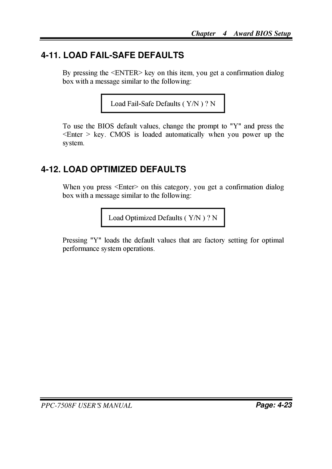 Intel PPC-7508F M1 user manual Load FAIL-SAFE Defaults, Load Optimized Defaults 